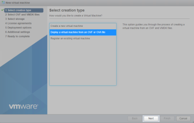 New virtual machine ESXi wizard, showing the Deploy a virtual machine from an OVF or OVA file options and the Next button highlighted in the lower right.